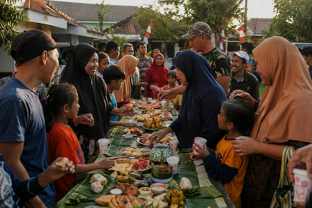 Warga merayakan keberhasilan kegiatan lingkungan dengan makan bersama secara guyub.
