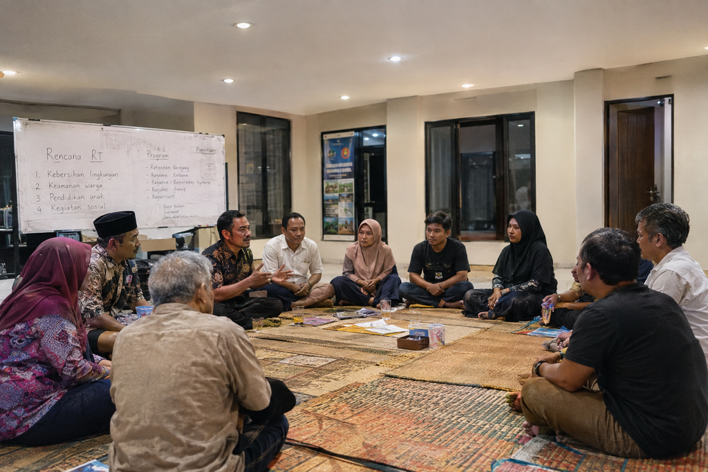 Musyawarah warga di balai RT membahas aspirasi lingkungan secara terbuka dan transparan.