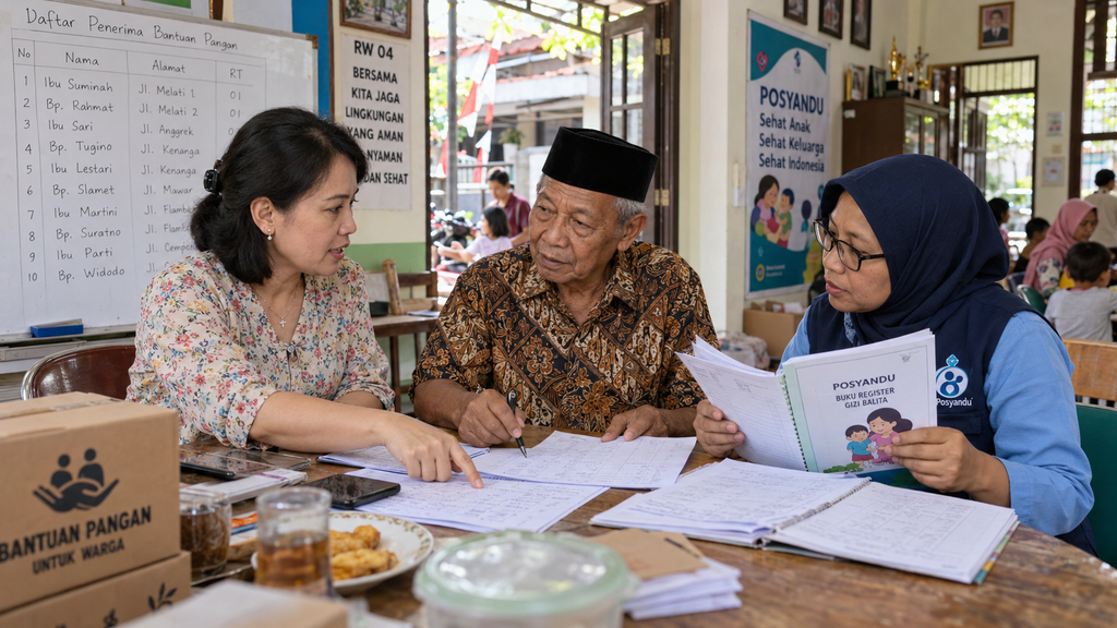 Perwakilan tim pelayanan gereja bermusyawarah dengan pengurus RT dan kader posyandu untuk validasi data penerima bantuan.
