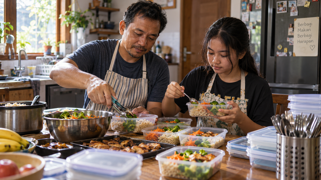 Orang tua dan anak remaja bersama-sama membungkus bekal makanan tambahan di rumah untuk pelayanan rutin akhir pekan.