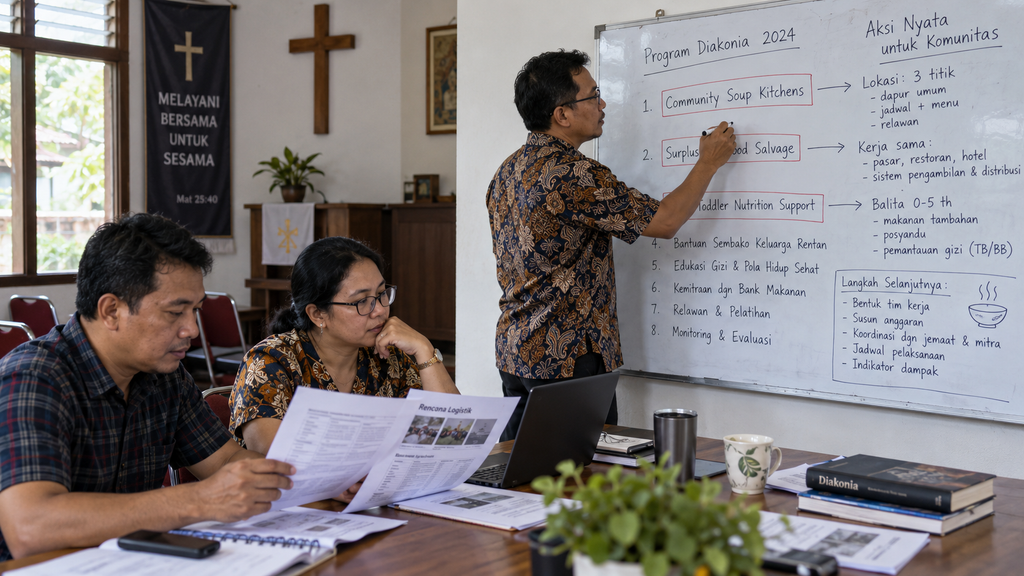 Papan tulis tim pelayanan gereja yang memetakan tujuh program aksi berbagi pangan mulai dari dapur umum hingga lumbung jemaat.