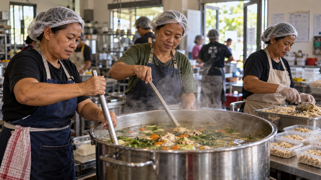 Relawan jemaat memasak bersama di dapur umum gereja untuk menyiapkan makanan hangat bagi lansia dan pekerja harian.