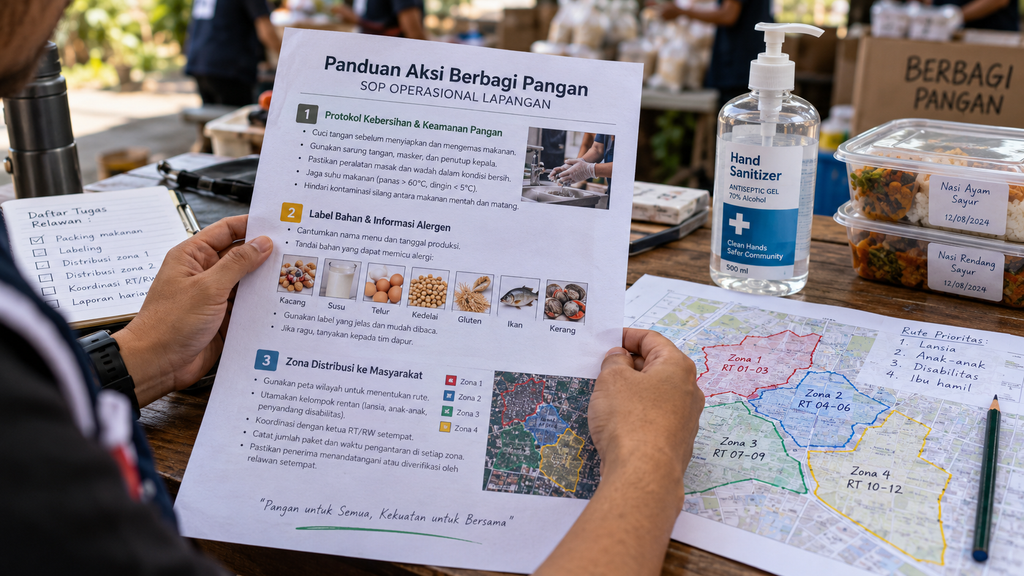 Relawan memeriksa panduan checklist keamanan pangan dan rute distribusi di atas meja posko pelayanan.